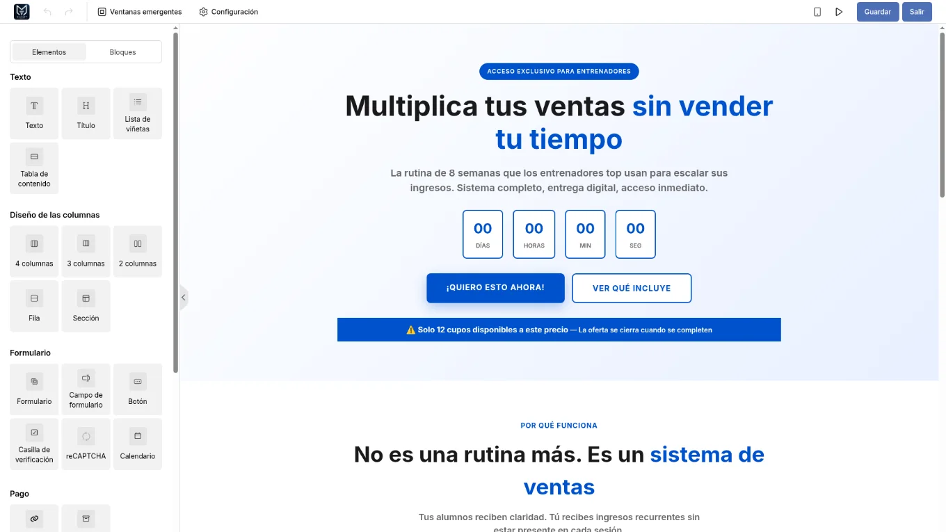 Captura real del editor visual de páginas y embudos de Magnet Coach