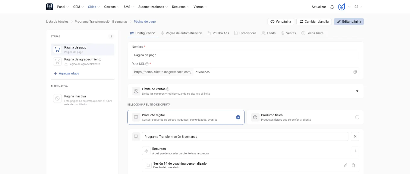 Captura real de la configuración de productos y páginas de pago en Magnet Coach