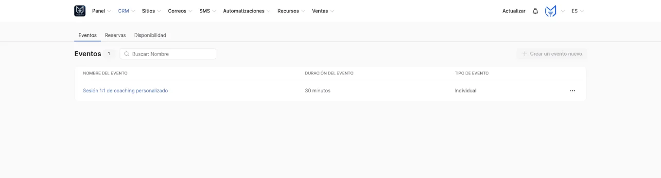 Captura real del calendario, eventos y reservas de Magnet Coach